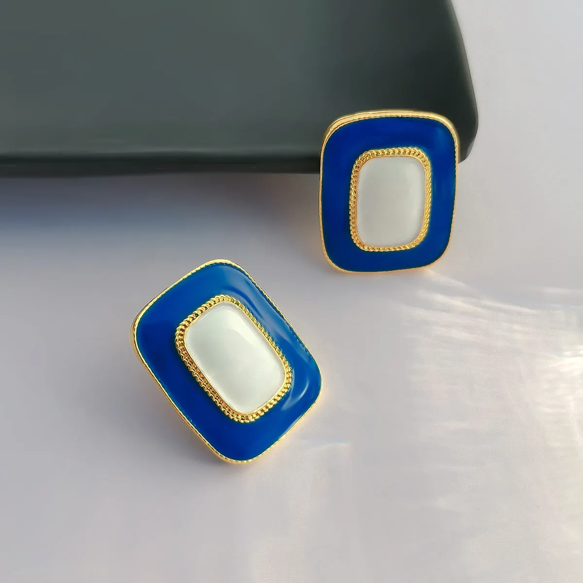 Blue Enamel & 18K Gold-Plated Rectangle Stud Earrings