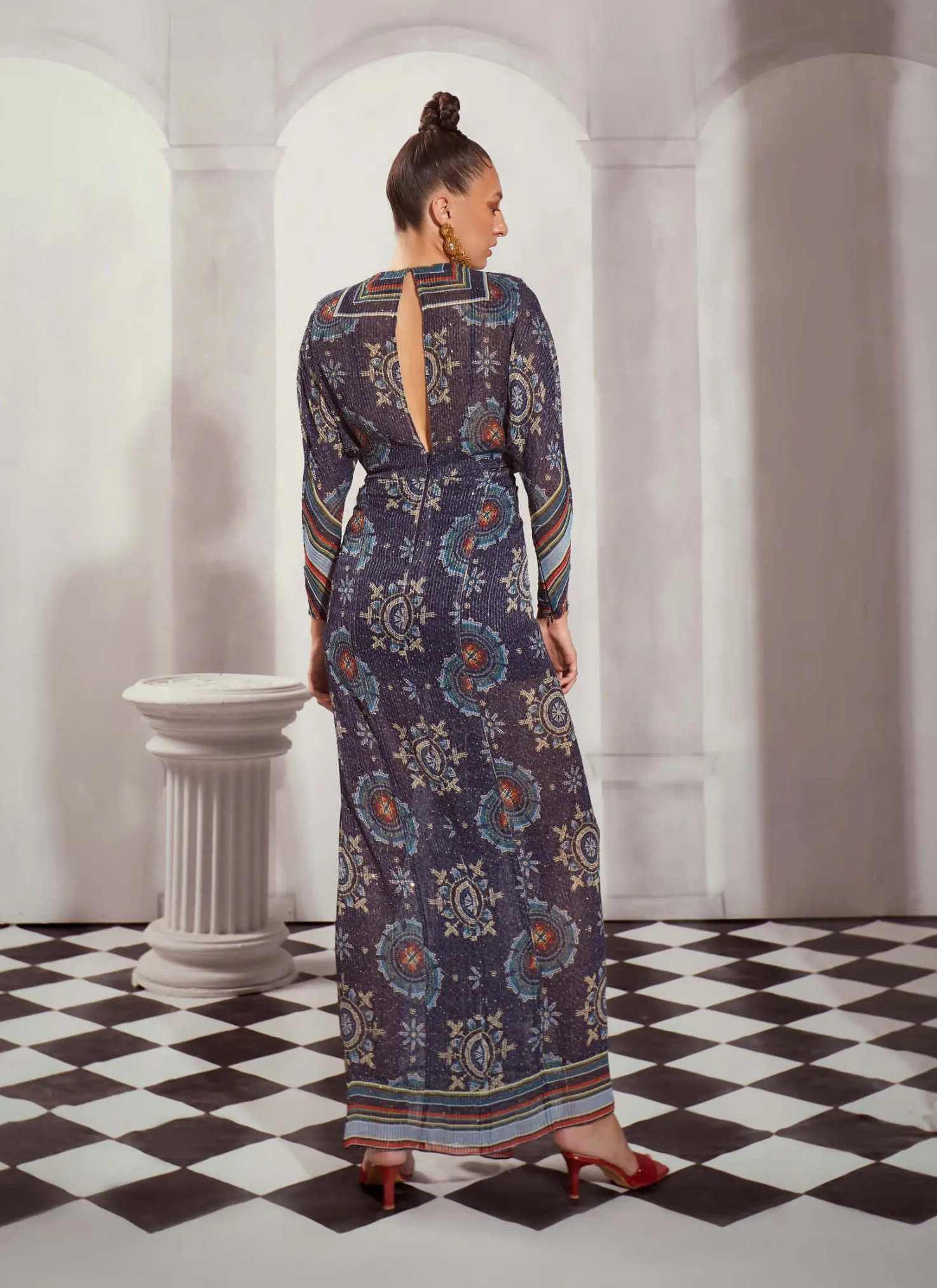 Blue mosiac print draped maxi dress