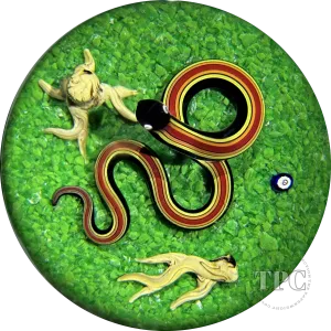 Bob Banford Glass Art Paperweight Flamework Stripped Snake on Green