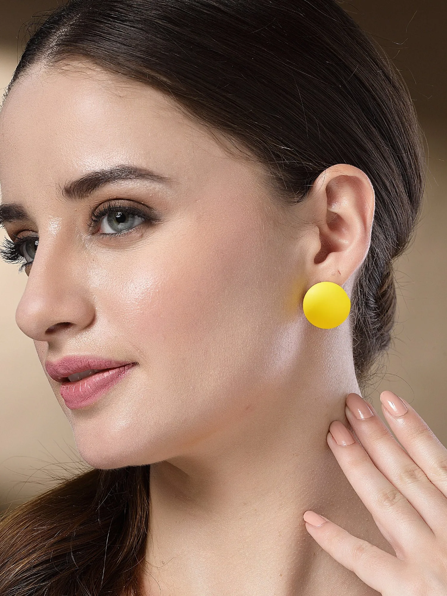 Bohey by KARATCART Matte Yellow Finish Dome Stud Earrings for Women