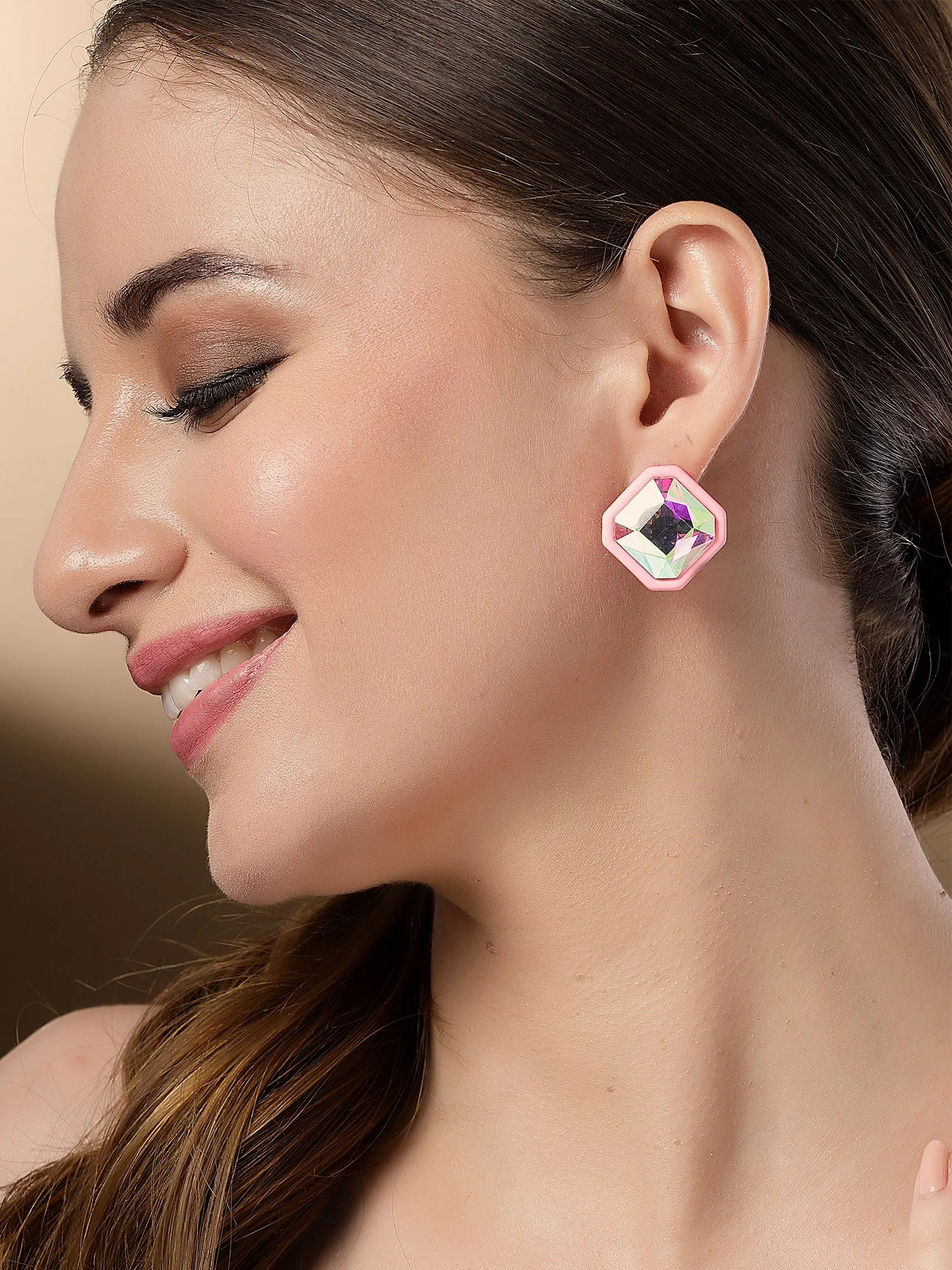 Bohey by KARATCART Pink Matte Finish Rhinestone Stud Earrings for Women