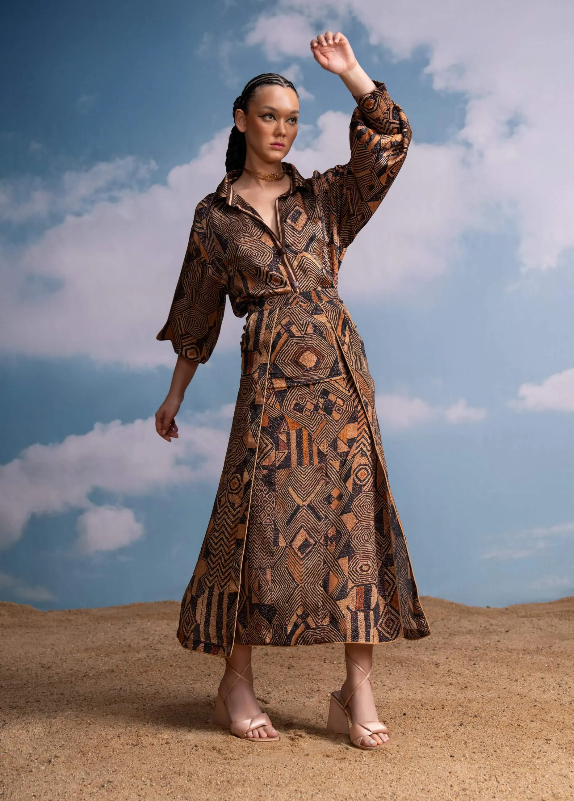 Brown geometric print shirt and wrap skirt