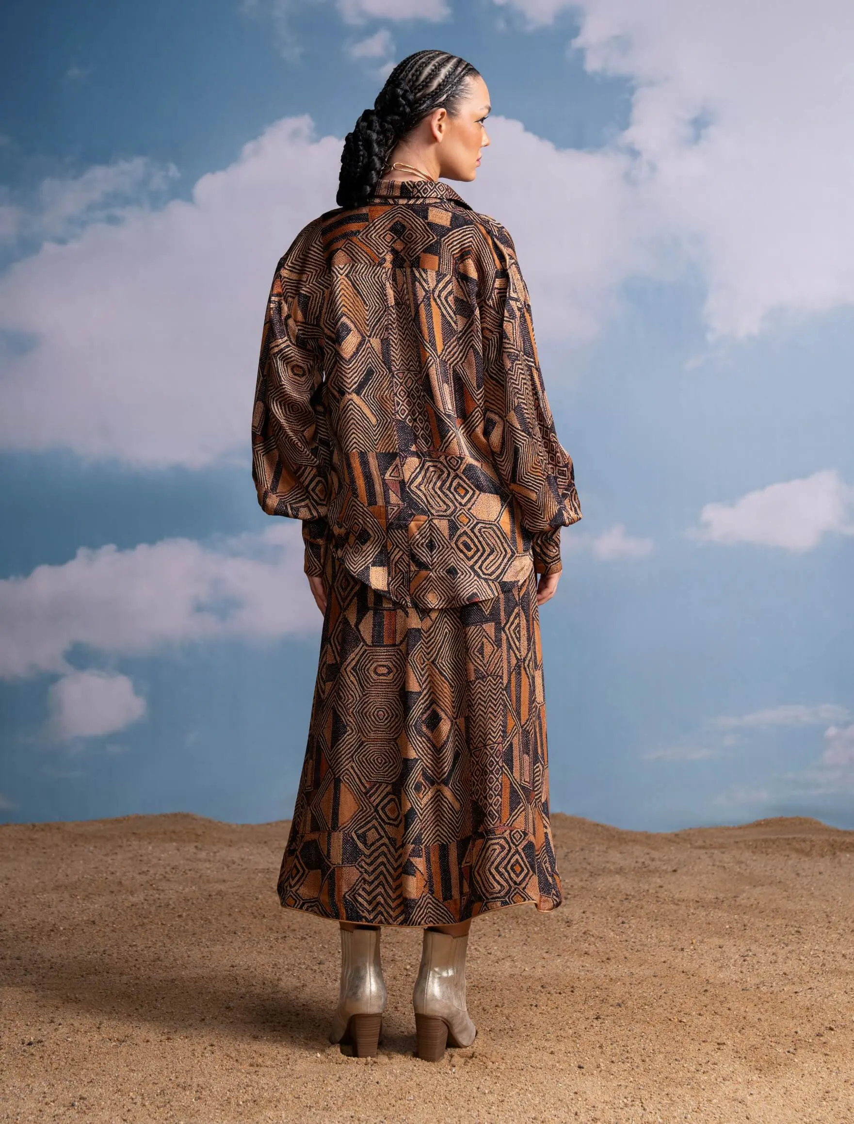 Brown geometric print shirt and wrap skirt