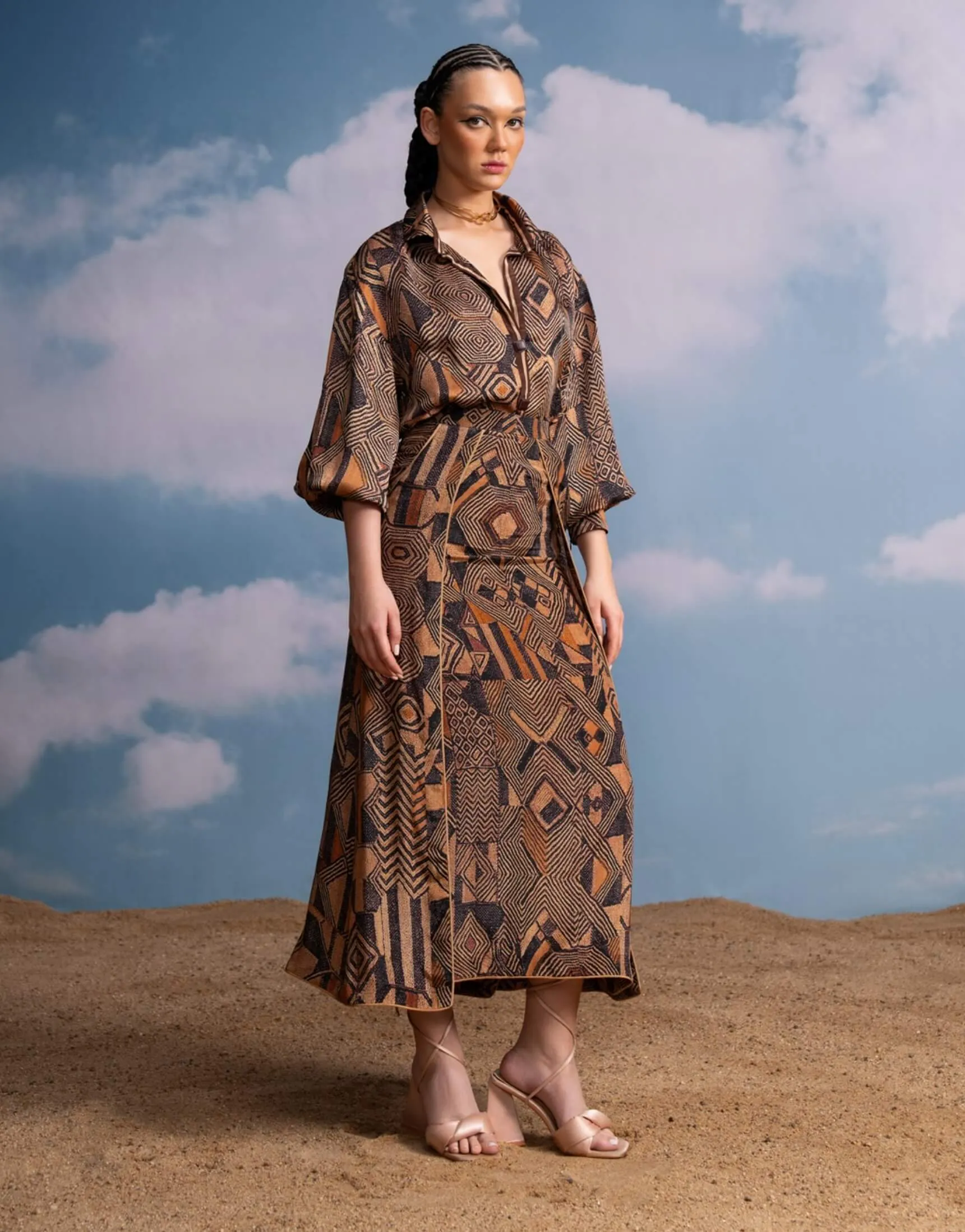 Brown geometric print shirt and wrap skirt