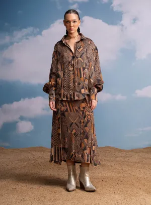Brown geometric print shirt and wrap skirt