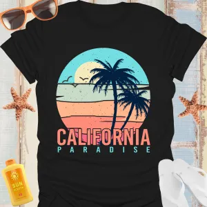 California Paradise Retro Beach T-Shirt With Palm Trees