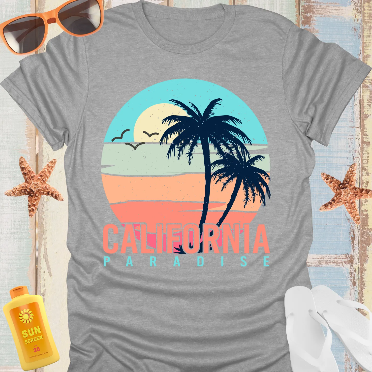 California Paradise Retro Beach T-Shirt With Palm Trees