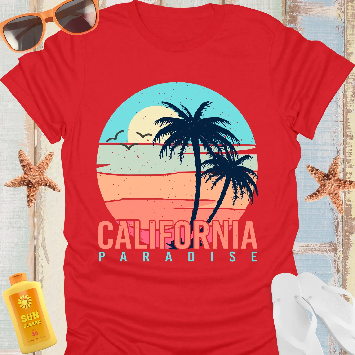 California Paradise Retro Beach T-Shirt With Palm Trees