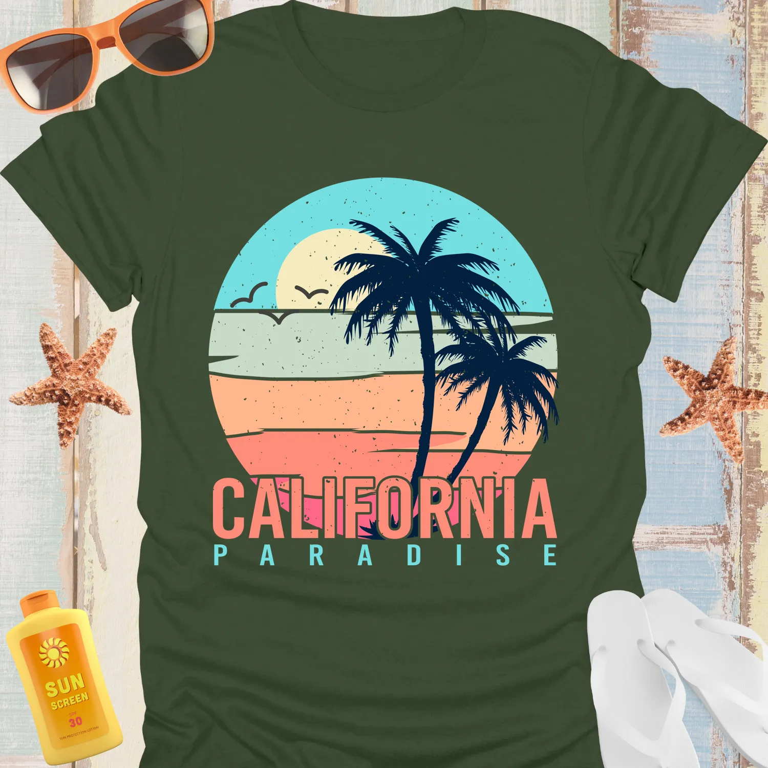 California Paradise Retro Beach T-Shirt With Palm Trees