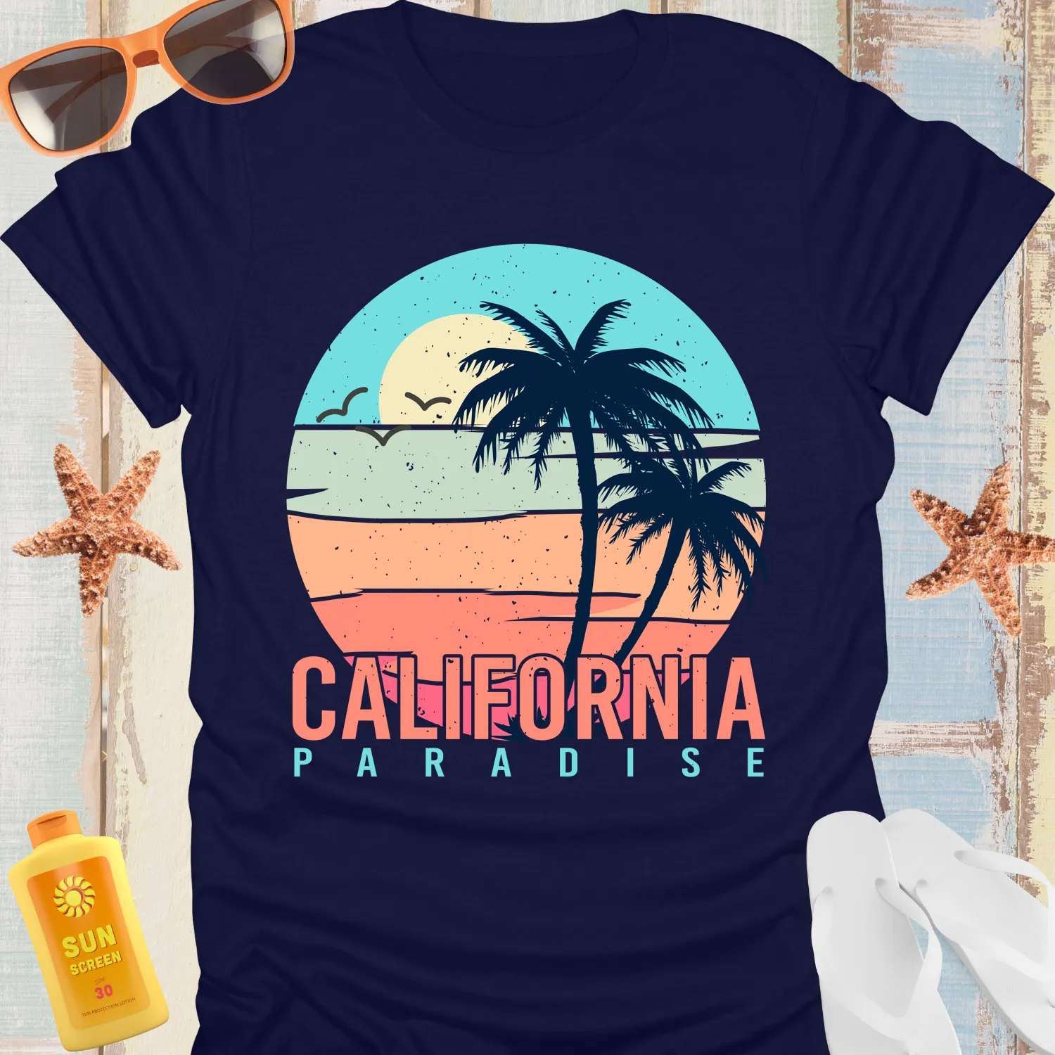 California Paradise Retro Beach T-Shirt With Palm Trees