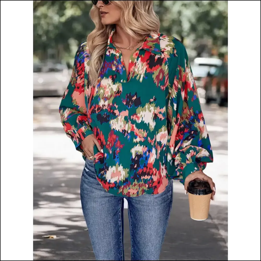 Chic Perfee Printed Johnny Collar Blouse
