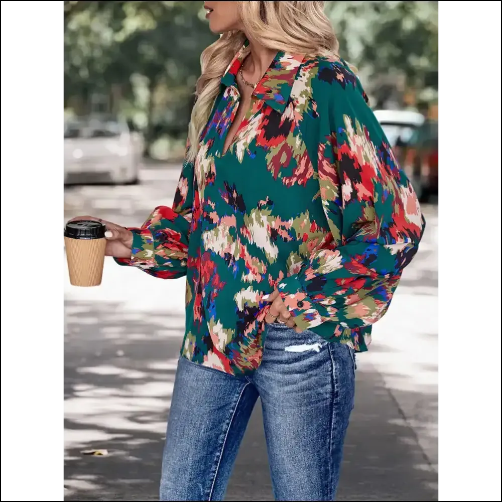Chic Perfee Printed Johnny Collar Blouse