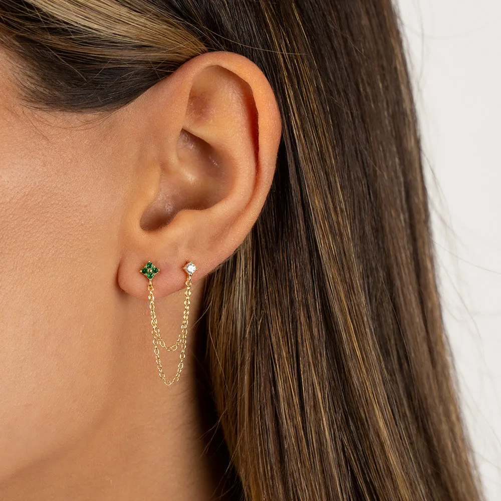 Colored Double Flower Chain Stud Earring