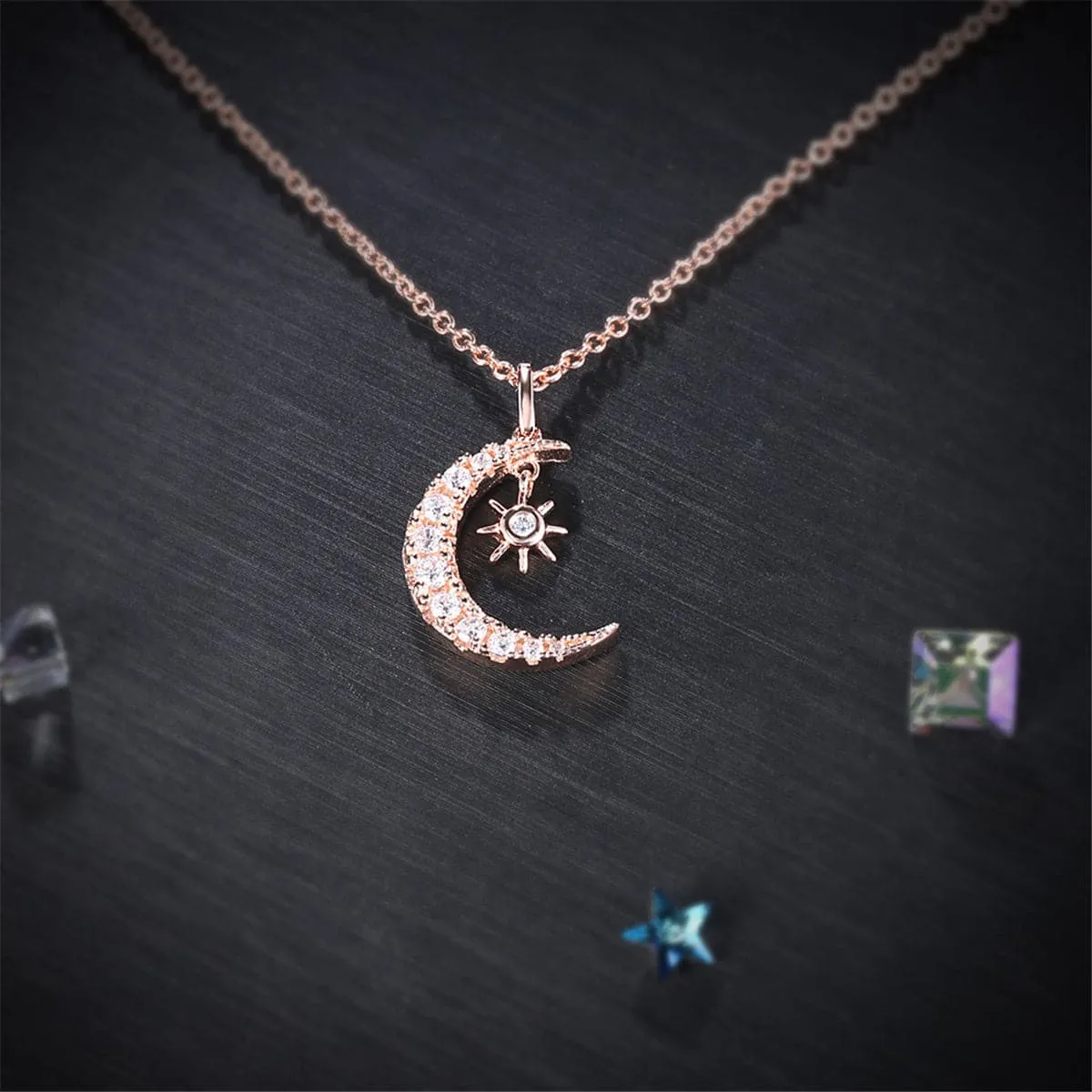 Cubic Zirconia & 18K Rose Gold-Plated Moon & Sun Pendant Necklace