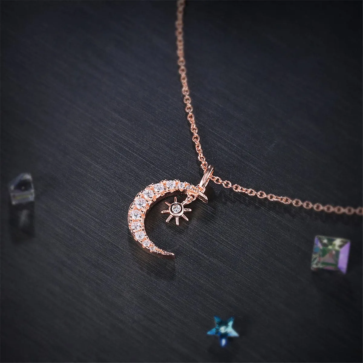 Cubic Zirconia & 18K Rose Gold-Plated Moon & Sun Pendant Necklace