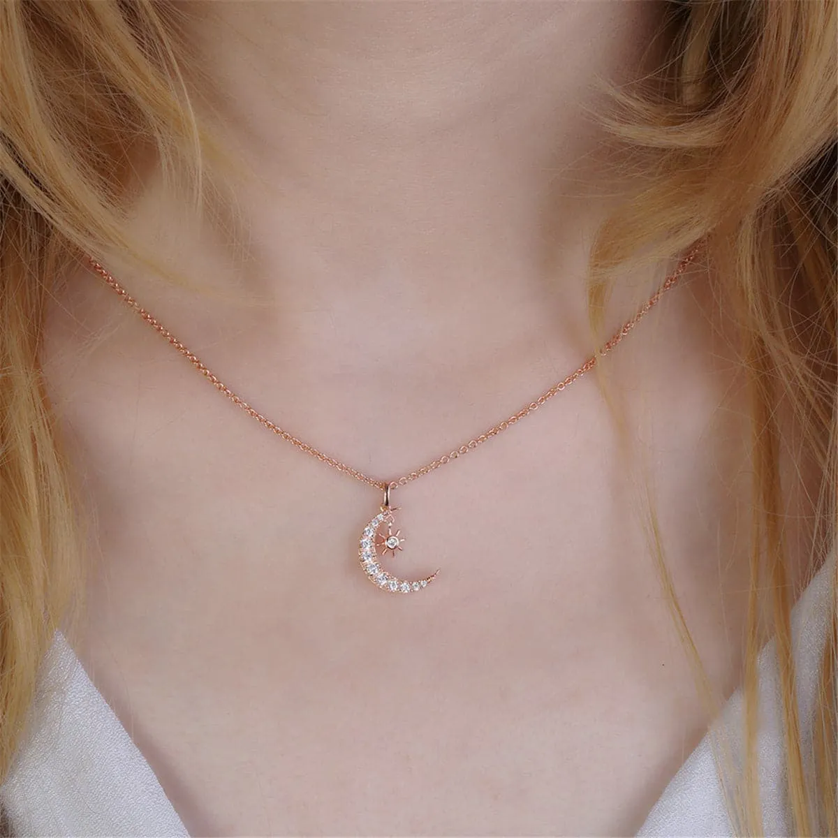 Cubic Zirconia & 18K Rose Gold-Plated Moon & Sun Pendant Necklace