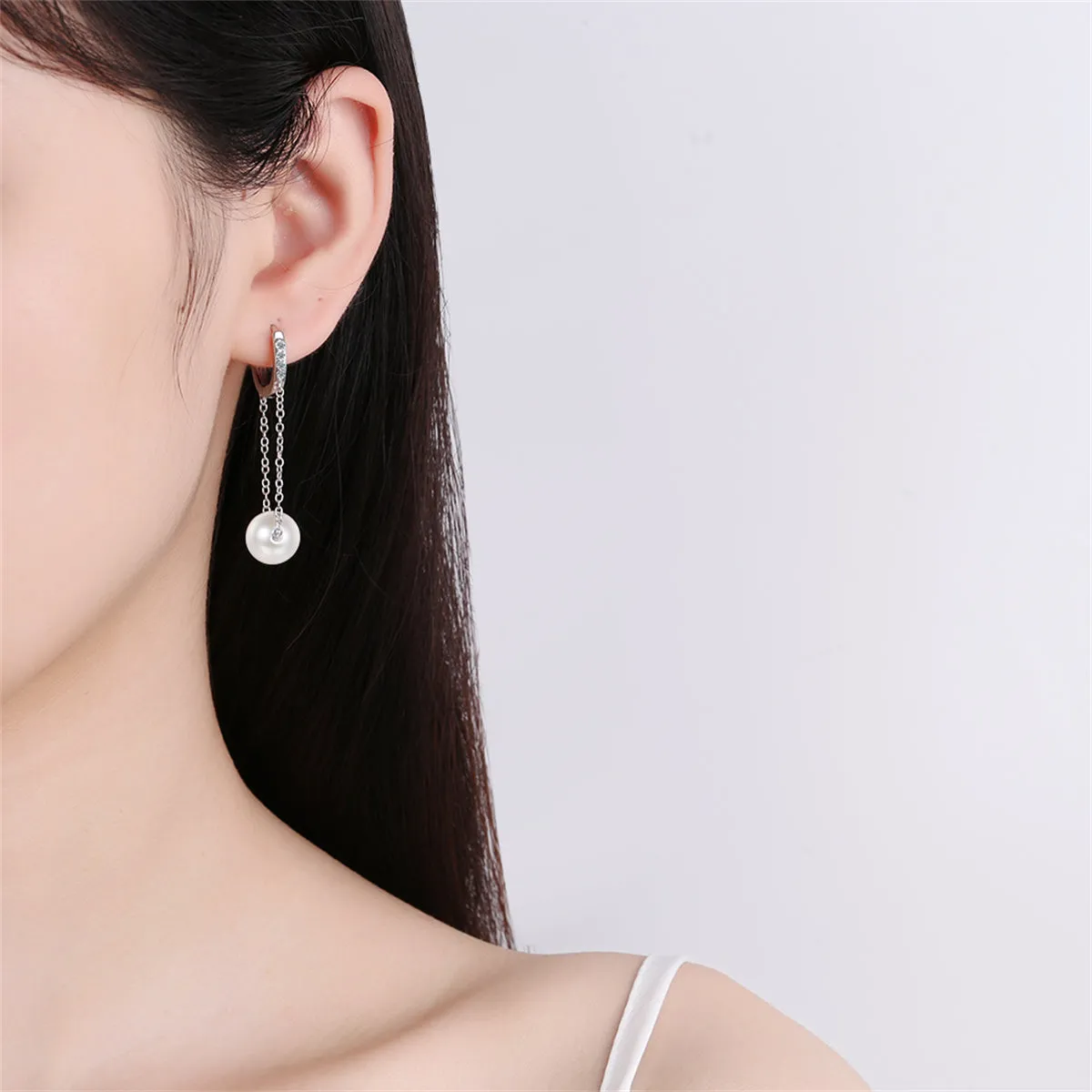 Cubic Zirconia & Pearl Silver-Plated Chain Drop Huggie Earrings