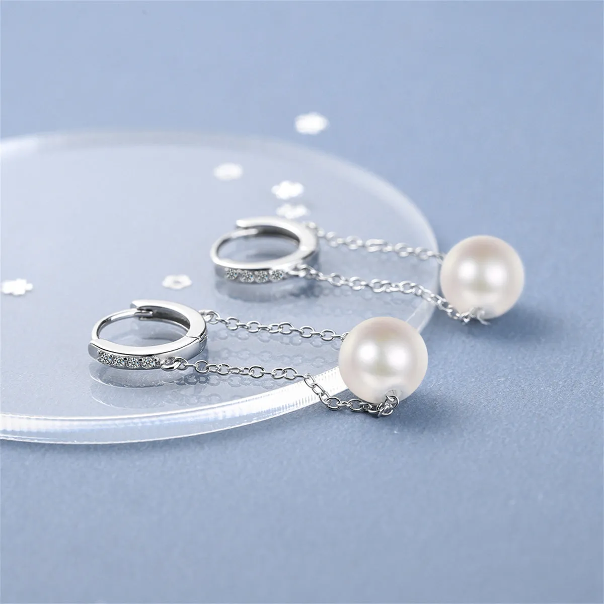 Cubic Zirconia & Pearl Silver-Plated Chain Drop Huggie Earrings