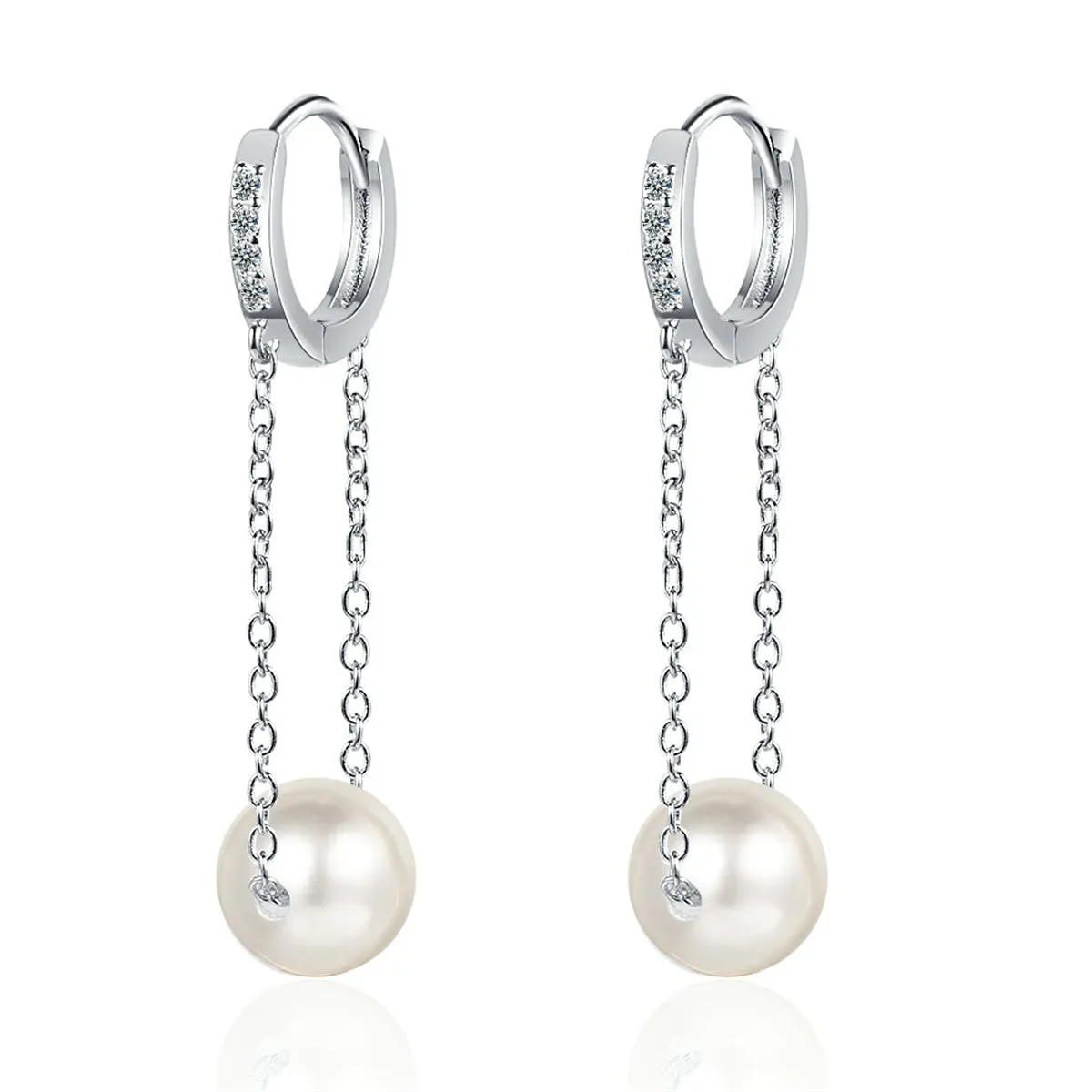Cubic Zirconia & Pearl Silver-Plated Chain Drop Huggie Earrings