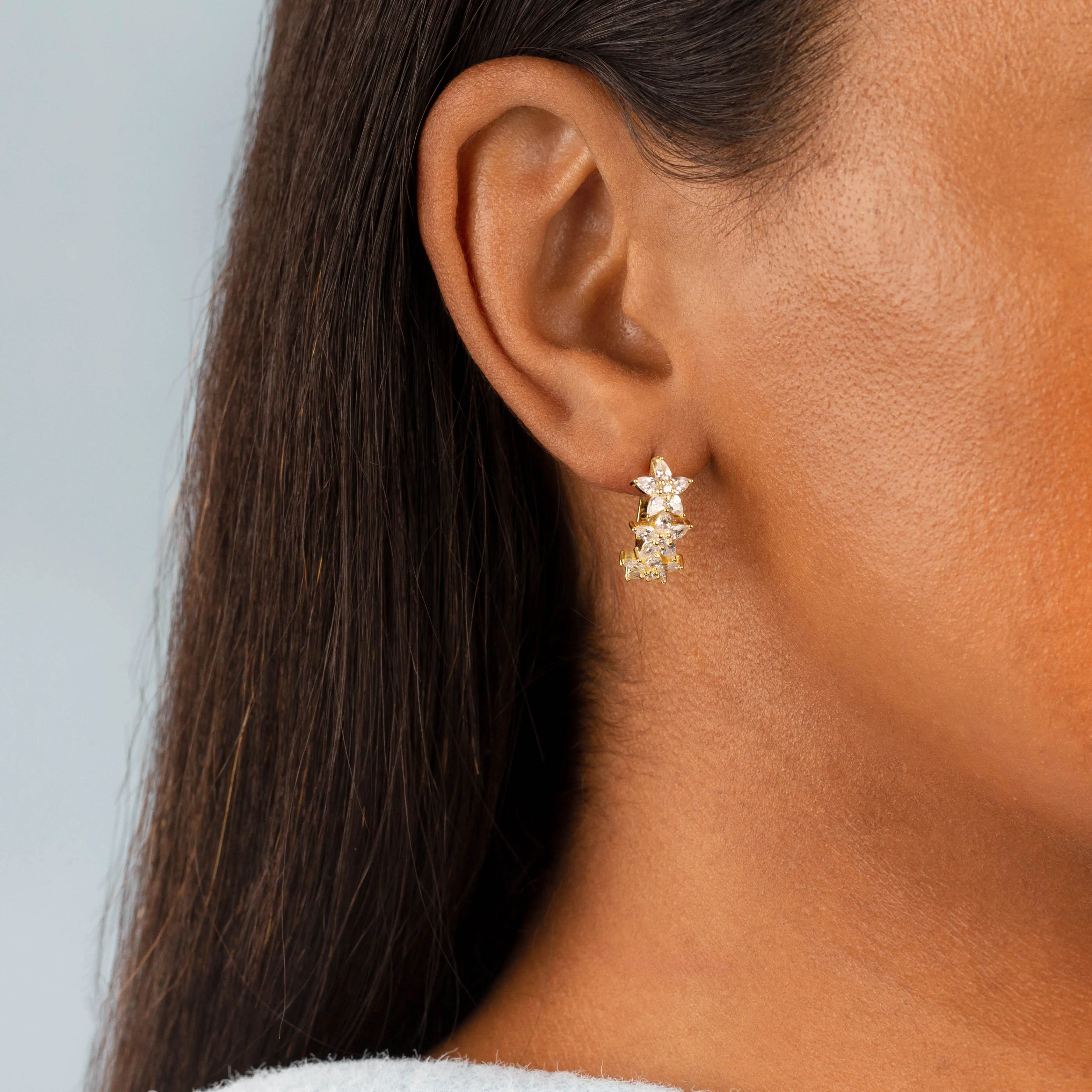 CZ Crystal Triple Flower Huggie Earring