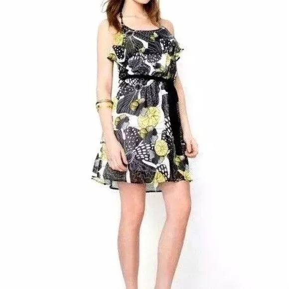 Desigual Anna Lemon Floral Ruffle Halter Neck Dress Size 10
