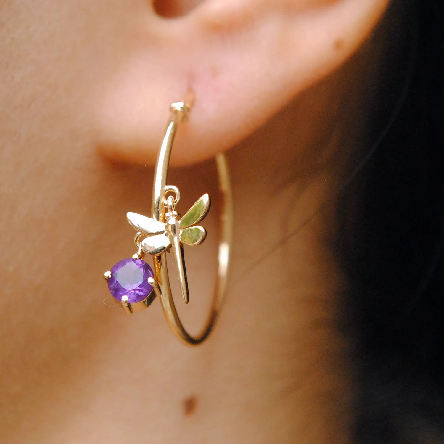 Dragonfly & Amethyst Charm Hoops