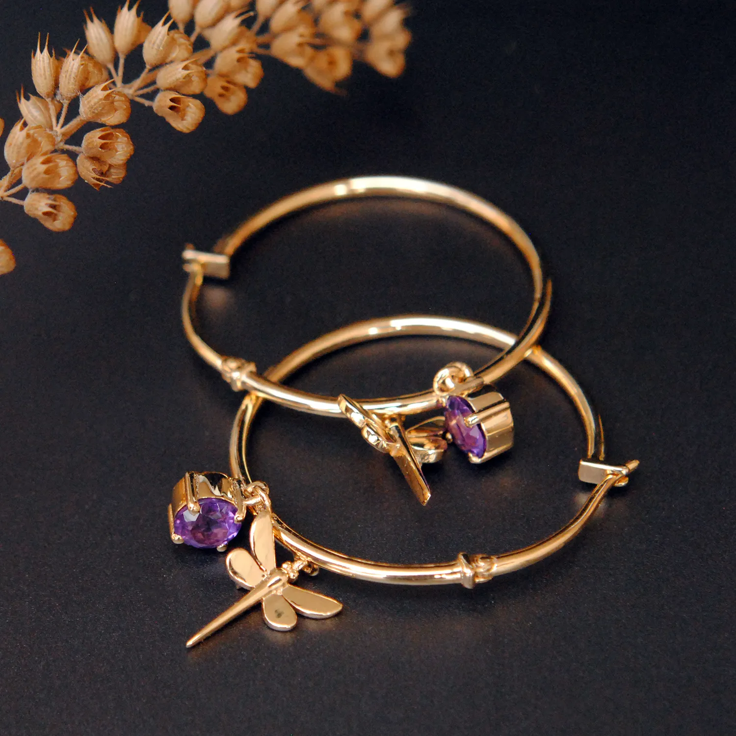 Dragonfly & Amethyst Charm Hoops