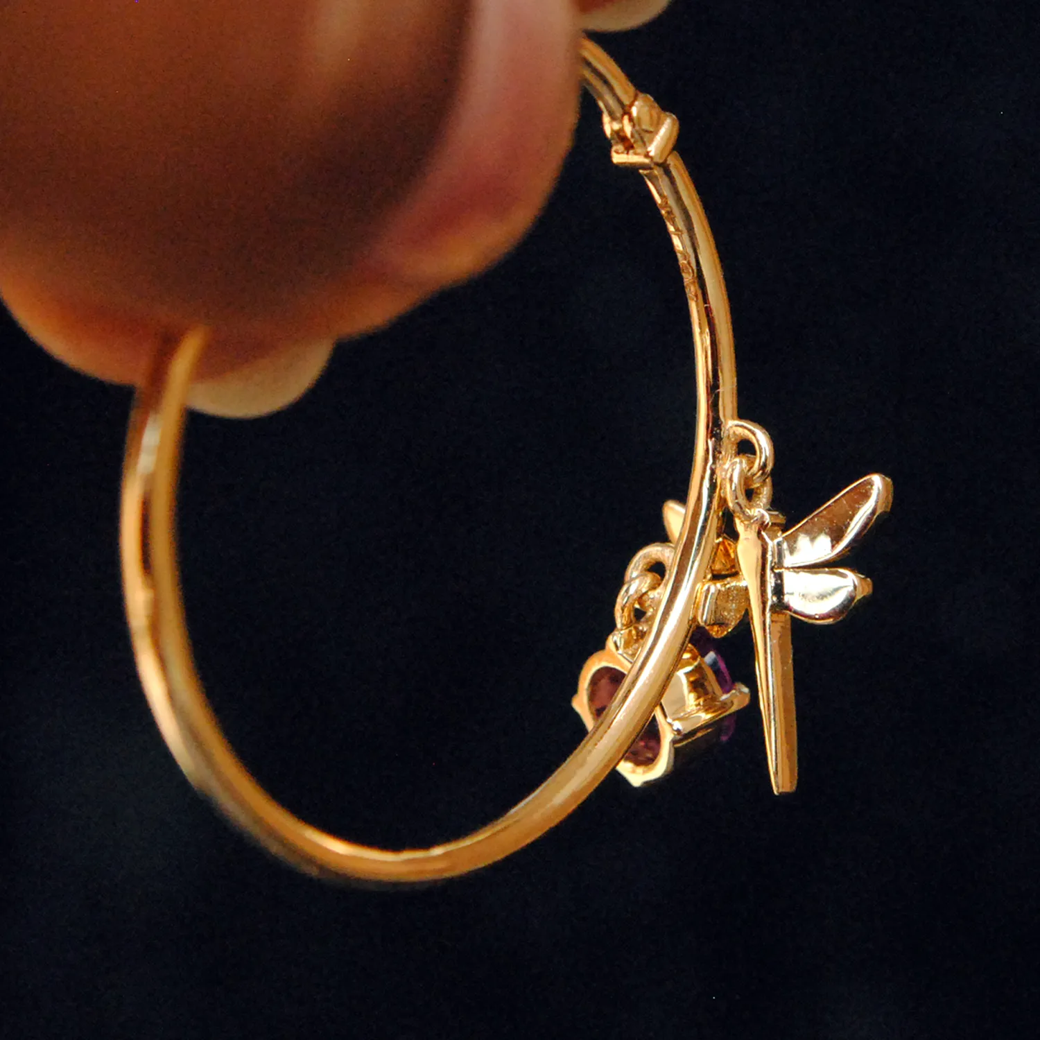 Dragonfly & Amethyst Charm Hoops