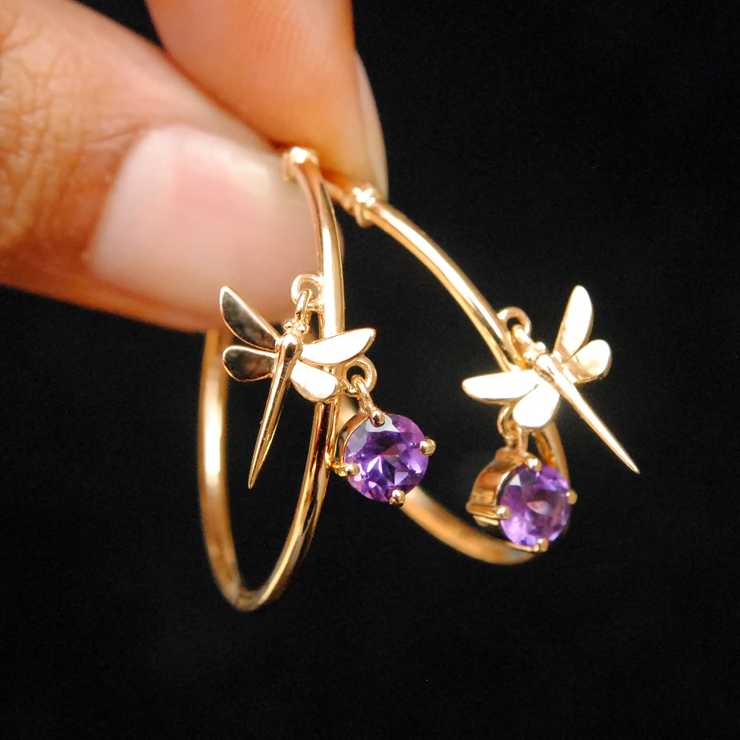 Dragonfly & Amethyst Charm Hoops
