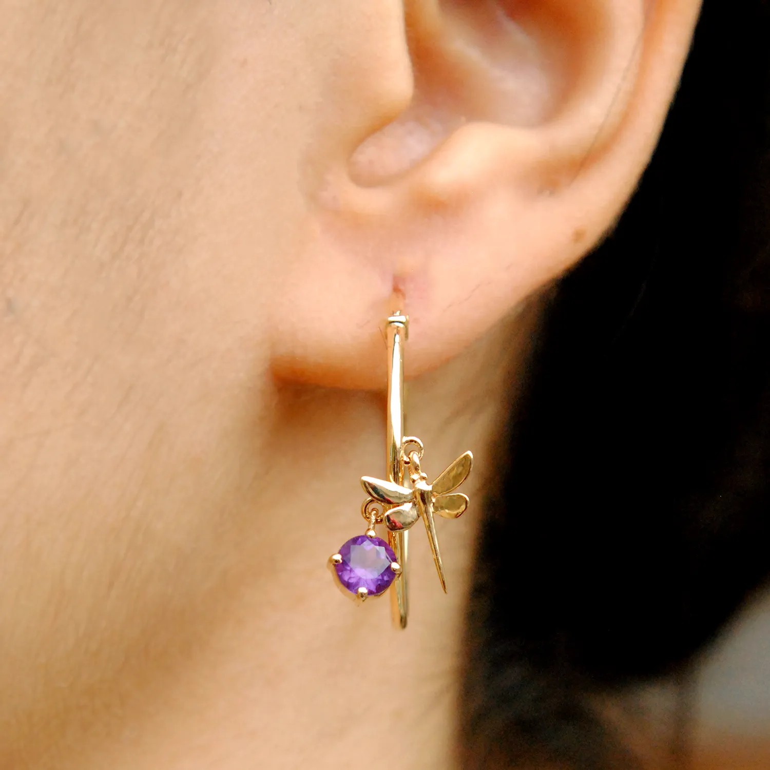 Dragonfly & Amethyst Charm Hoops