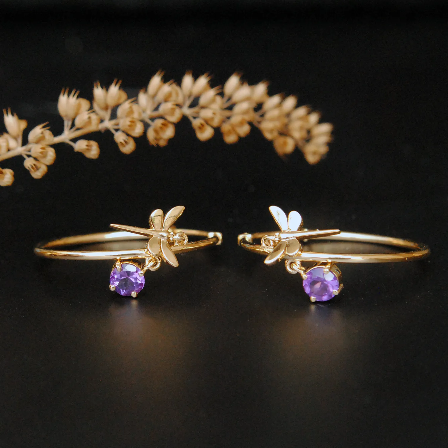 Dragonfly & Amethyst Charm Hoops