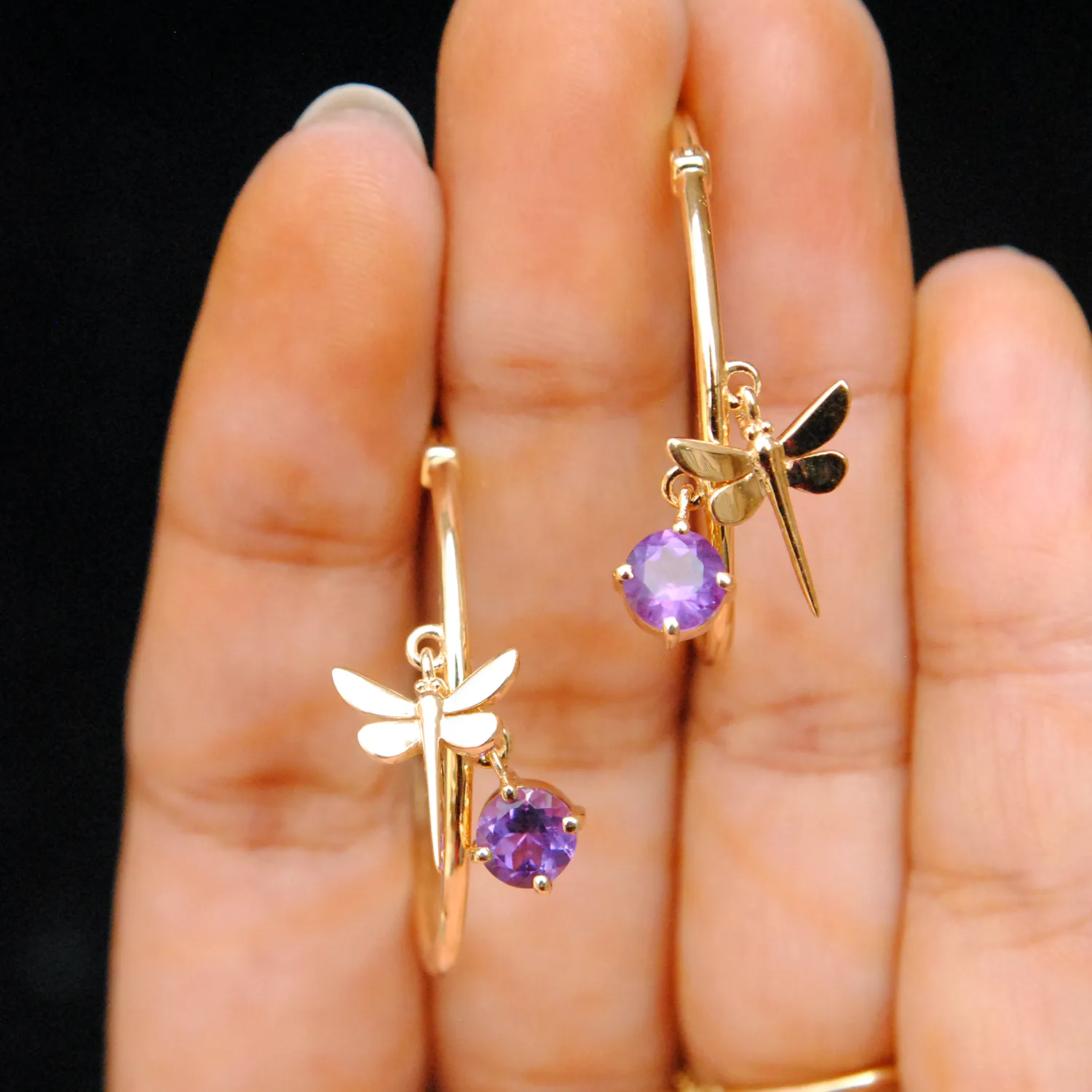 Dragonfly & Amethyst Charm Hoops