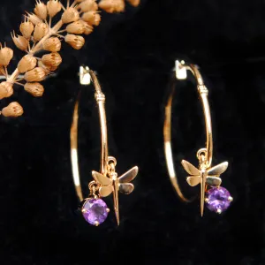 Dragonfly & Amethyst Charm Hoops