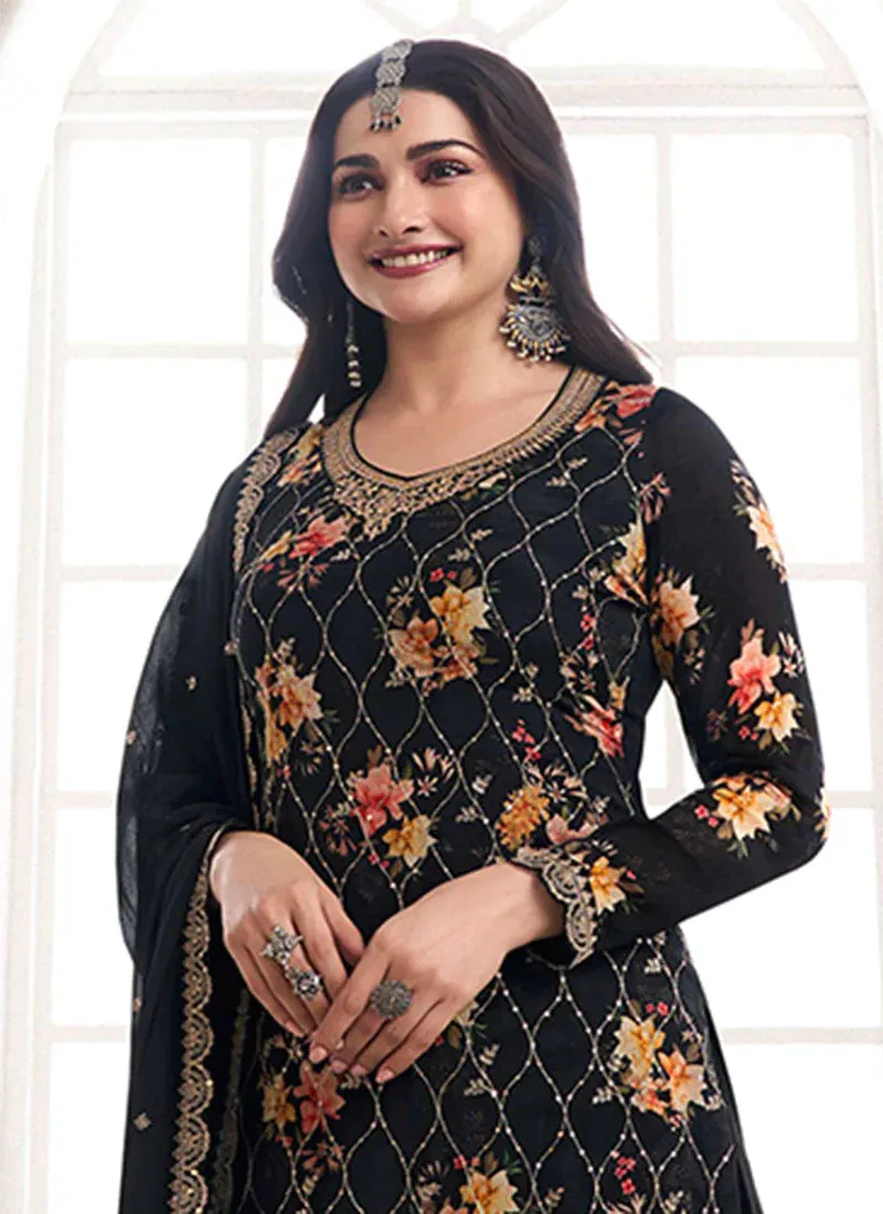 Effortless Black Embroidered Sharara Style Suit