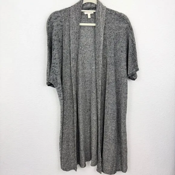 Eileen Fisher Womens Long Line Duster Cardigan Size L 100% Organic Linen Black