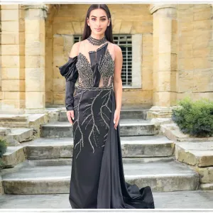 Elegant Black Long Dress-Detailed with Beautiful Crystals and Sequins