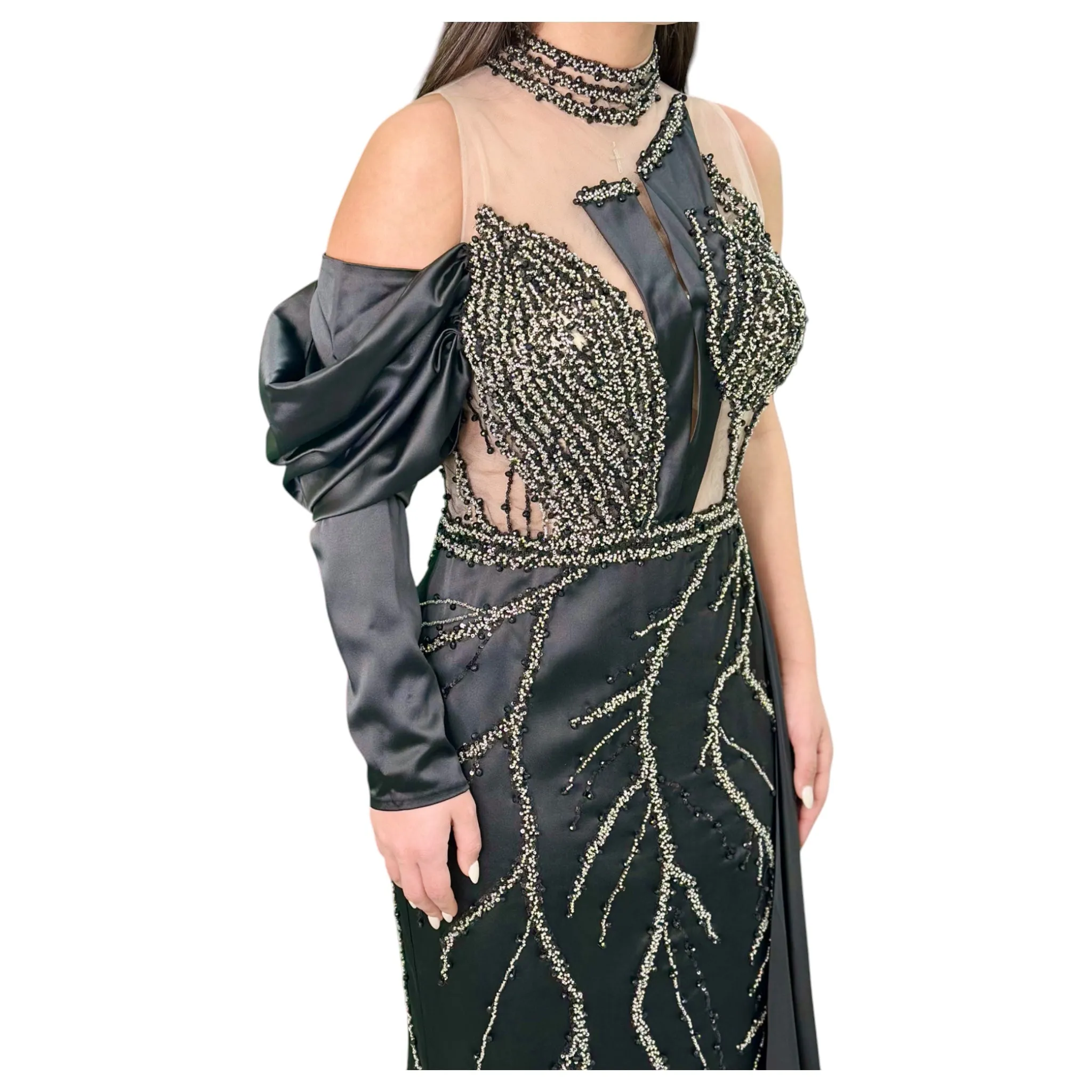 Elegant Black Long Dress-Detailed with Beautiful Crystals and Sequins