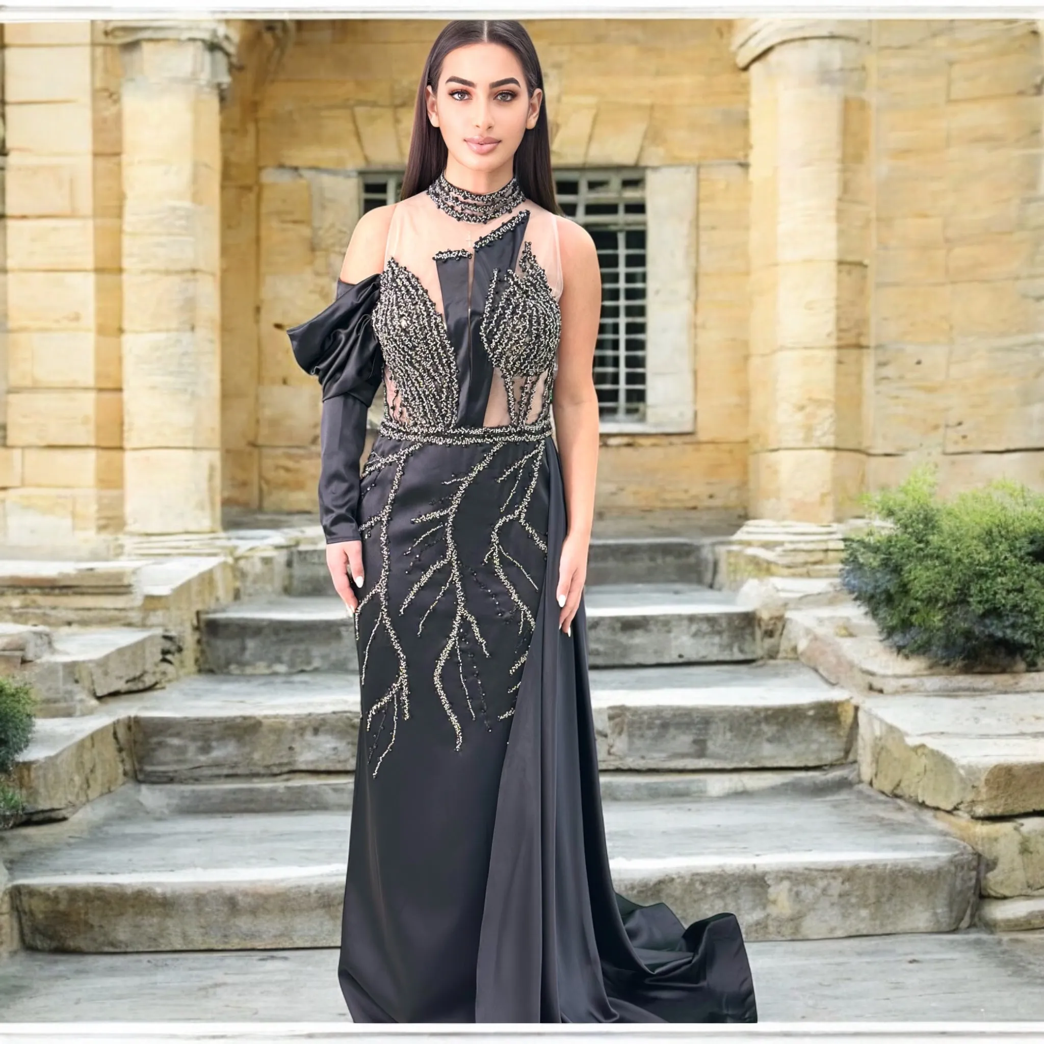 Elegant Black Long Dress-Detailed with Beautiful Crystals and Sequins