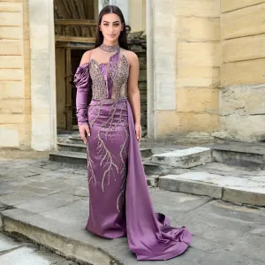 Elegant Mauve Long Dress-Detailed with Beautiful Crystals and Sequins