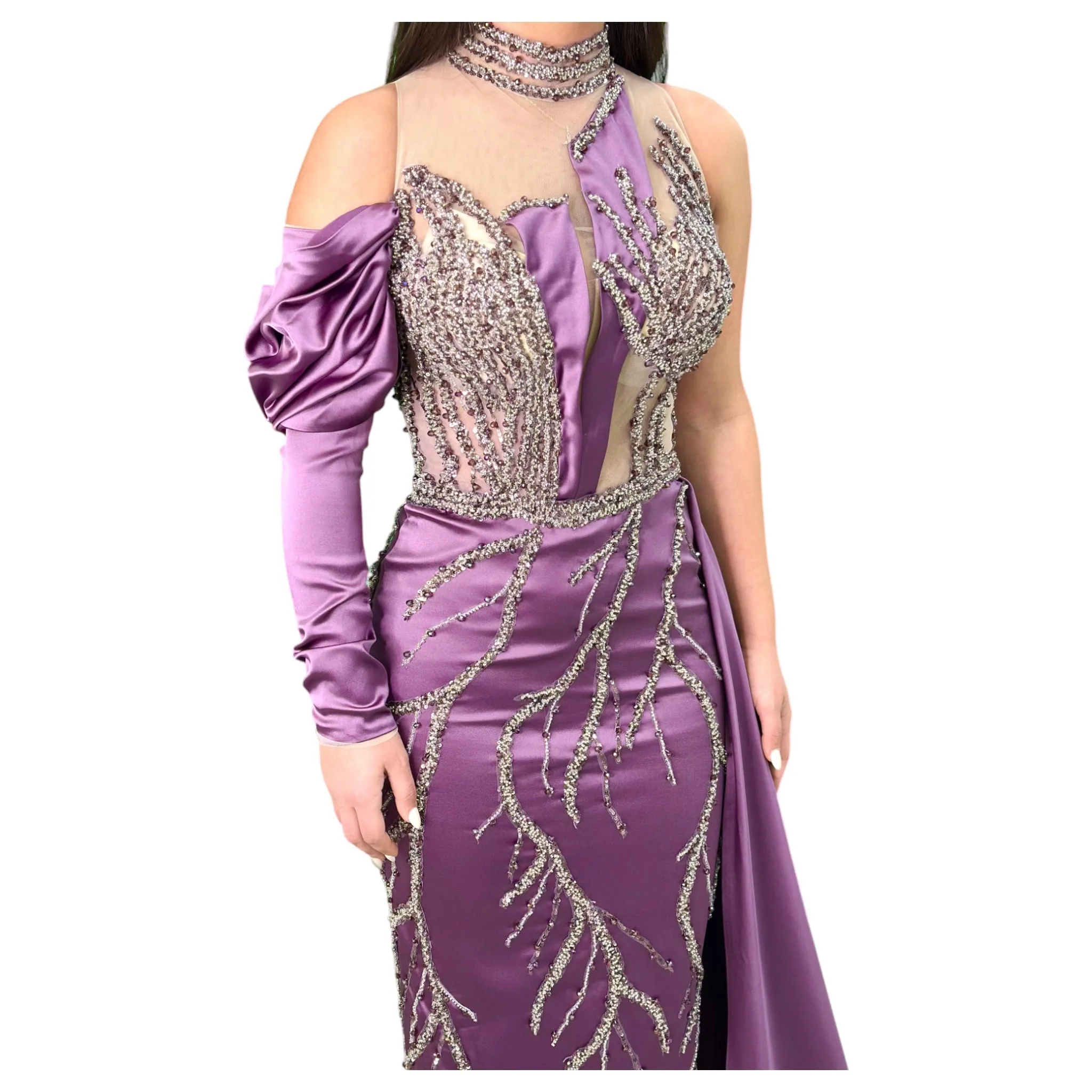 Elegant Mauve Long Dress-Detailed with Beautiful Crystals and Sequins