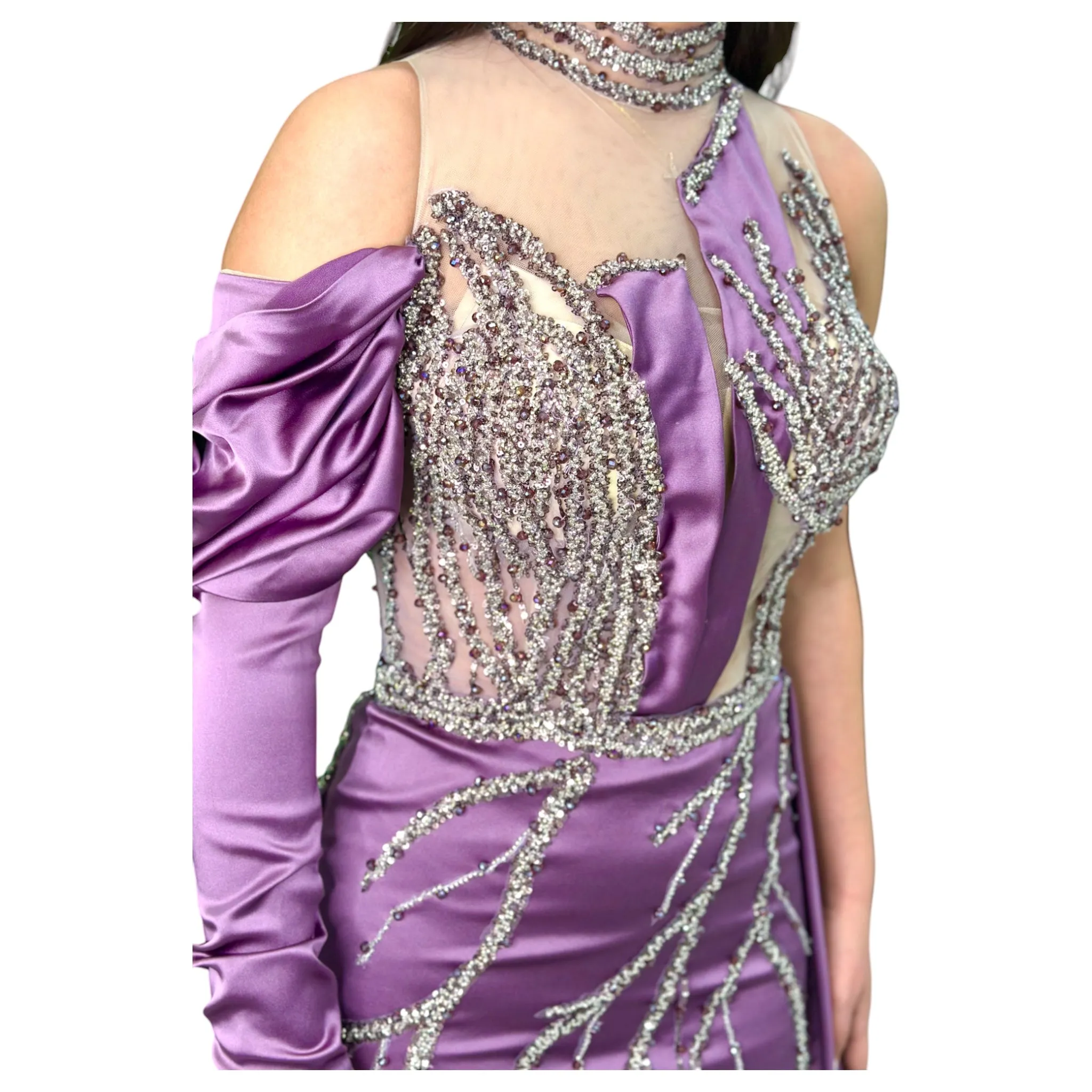 Elegant Mauve Long Dress-Detailed with Beautiful Crystals and Sequins