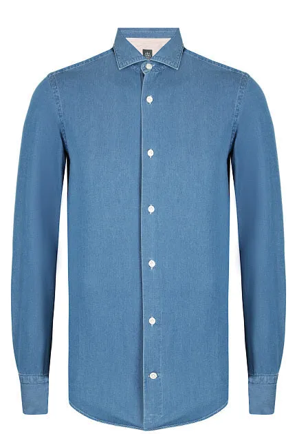 ELEVENTY - Pure Cotton Blue Wash Chambray Button Down Shirt - XXL