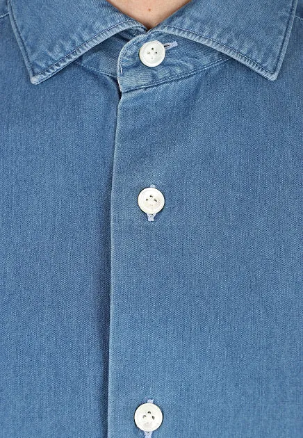 ELEVENTY - Pure Cotton Blue Wash Chambray Button Down Shirt - XXL