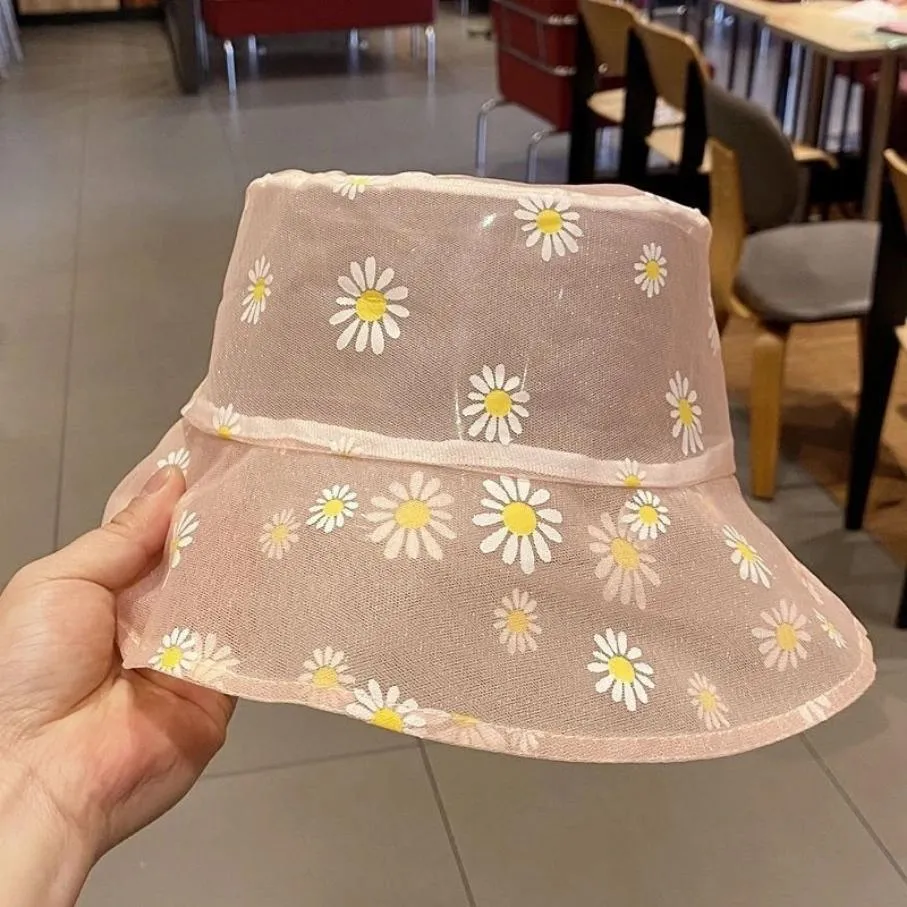 Embroidery Daisies Lace Fisherman Hat Bucket Hat Women Transparent Mesh Fashion Summer Outdoor Sun Hat