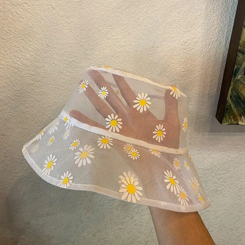 Embroidery Daisies Lace Fisherman Hat Bucket Hat Women Transparent Mesh Fashion Summer Outdoor Sun Hat