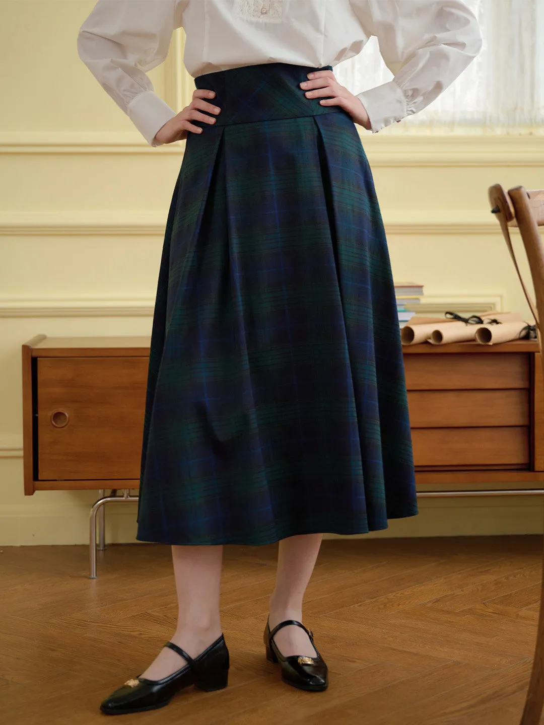 【Final Sale】Vivian Plaid Print Fold Pleated Detail Skirt