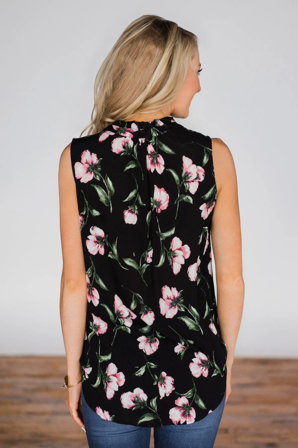 Floral Finesse Neck Tie Tank Top - Black