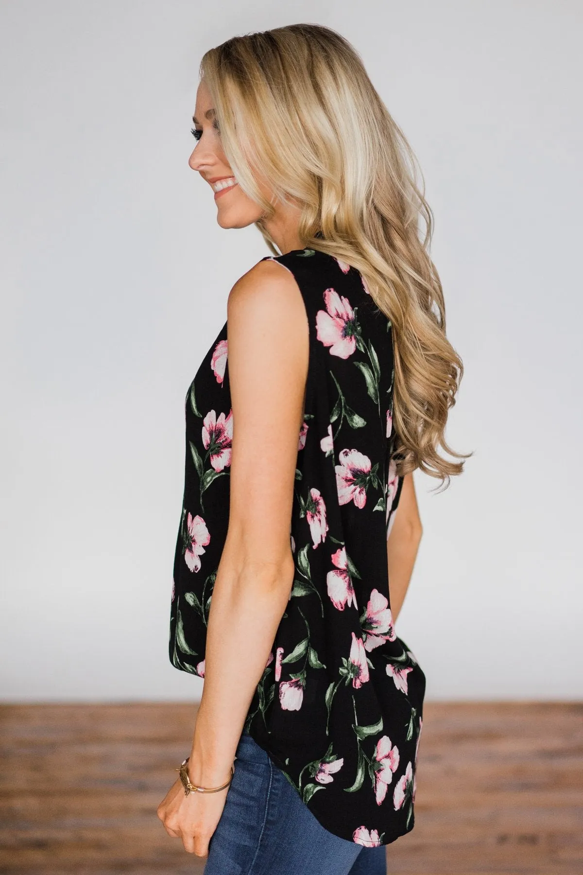 Floral Finesse Neck Tie Tank Top - Black