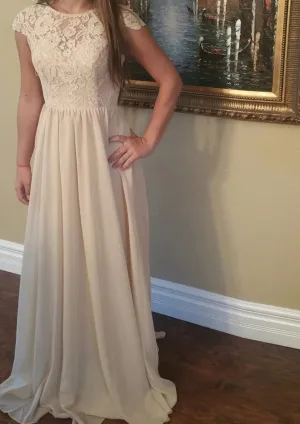 Formal A-line Bateau Cap Sleeve Cream Lace Chiffon Evening Gown, Buttons
