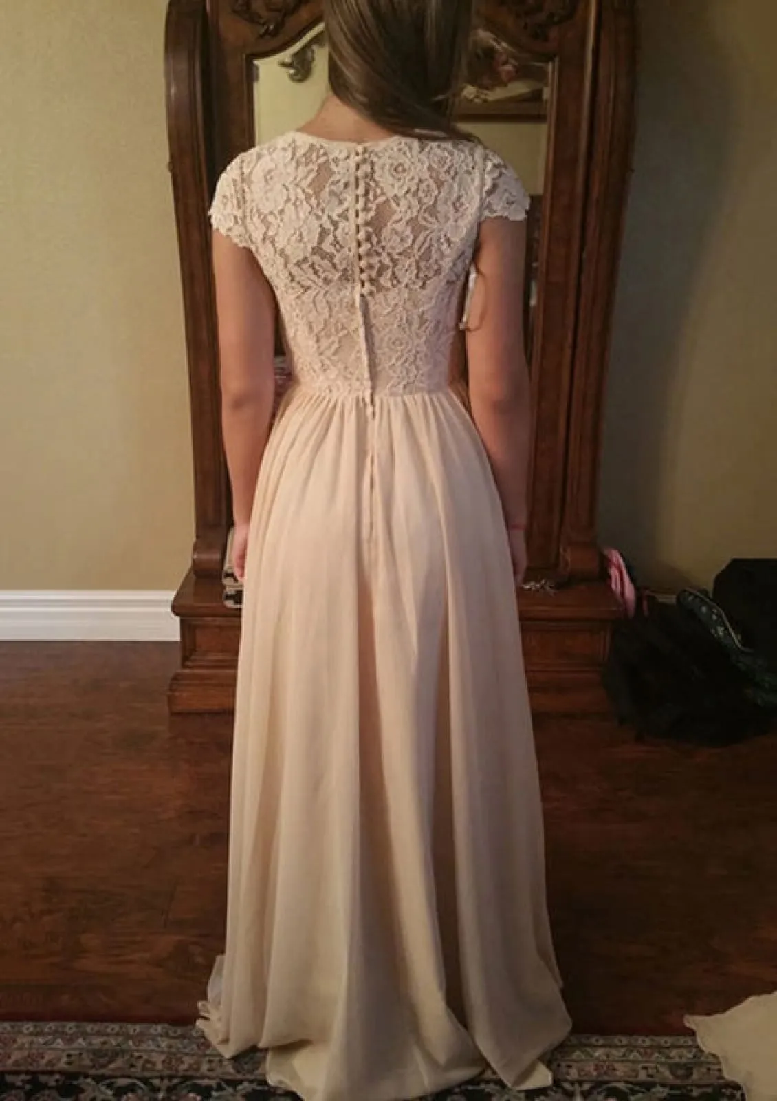 Formal A-line Bateau Cap Sleeve Cream Lace Chiffon Evening Gown, Buttons